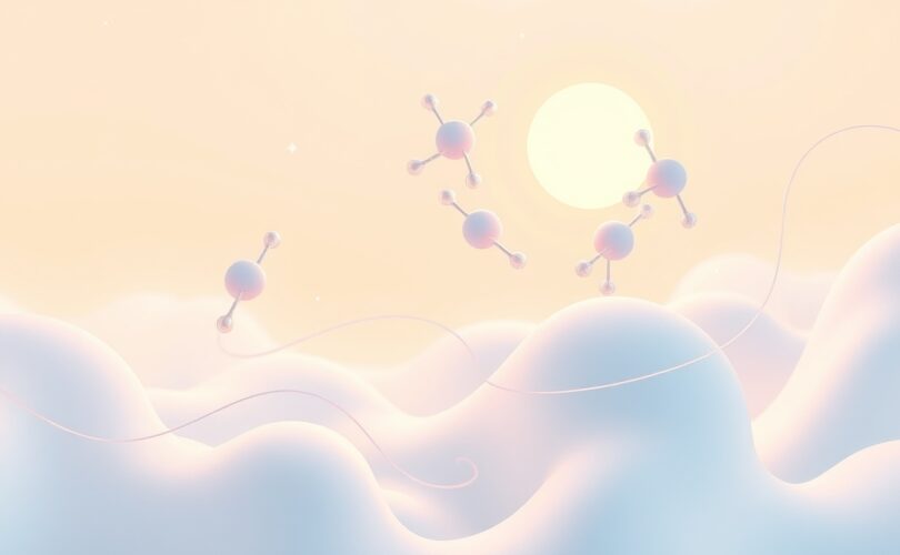 Abstrakcyjne, świetliste cząsteczki dopaminy unoszą się ku ciepłemu słońcu w pastelowej, onirycznej scenerii.
