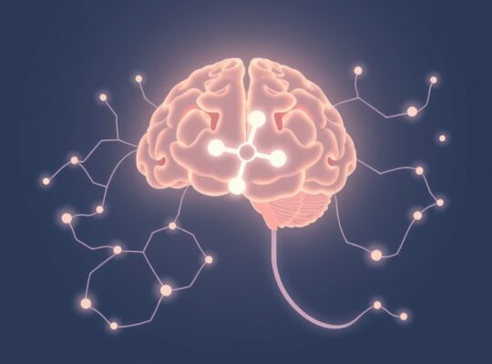 Minimalistyczna ilustracja mózgu z pulsującą dopaminą, łącząca regiony neuroprzekaźnikami.