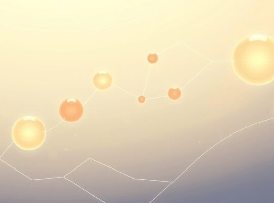 Połączone, świetliste kule symbolizujące rozwój inteligencji, unoszące się w pastelowej, abstrakcyjnej kompozycji.