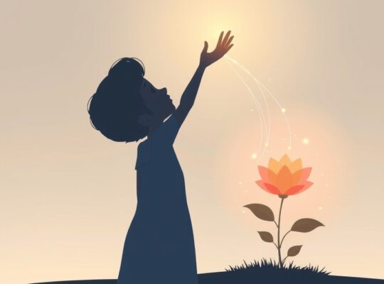 Sylwetka sięga ku światłu, z której wyrastają świetliste nici do kwitnącej rośliny.