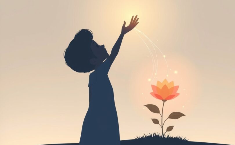 Sylwetka sięga ku światłu, z której wyrastają świetliste nici do kwitnącej rośliny.