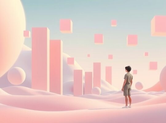 Spadające geometryczne klocki Tetrisa w pastelowej, sennej scenerii, z kontemplującą postacią.