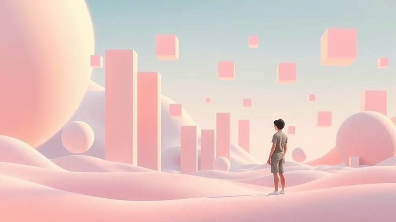 Spadające geometryczne klocki Tetrisa w pastelowej, sennej scenerii, z kontemplującą postacią.