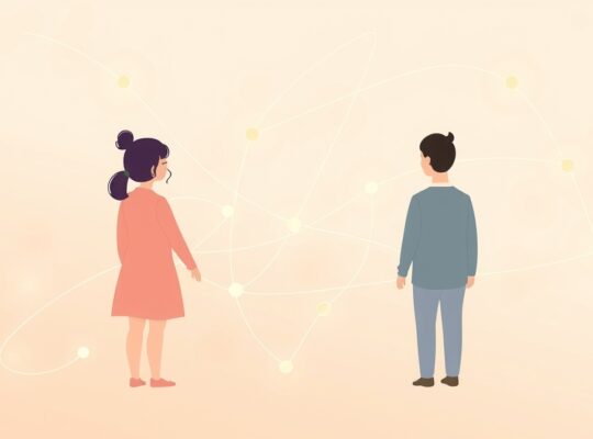 Pastelowe, świetliste nici łączą abstrakcyjne kształty, symbolizując więzi międzyludzkie.