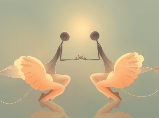 Dwie eteryczne postacie subtelnie naśladują się nawzajem, połączonepastelowymi liniami.