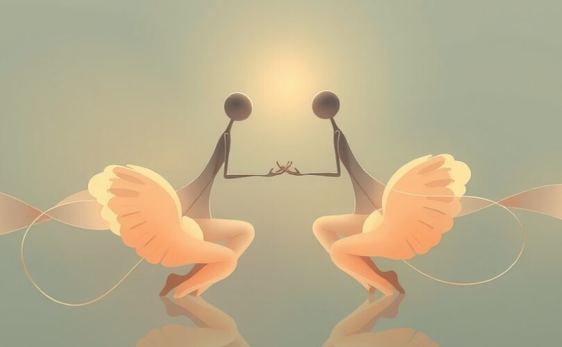 Dwie eteryczne postacie subtelnie naśladują się nawzajem, połączonepastelowymi liniami.