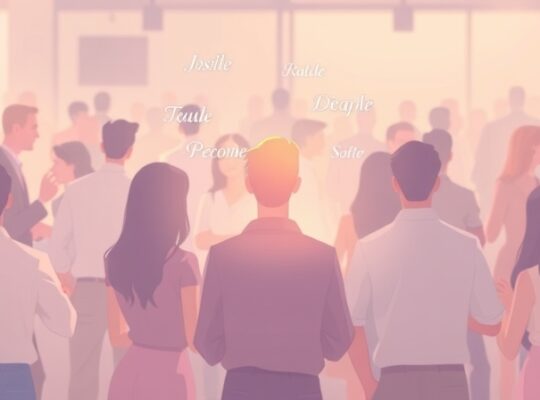 Pastelowa ilustracja: osoba wyróżnia się w tłumie, jej imię subtelnie się unosi.