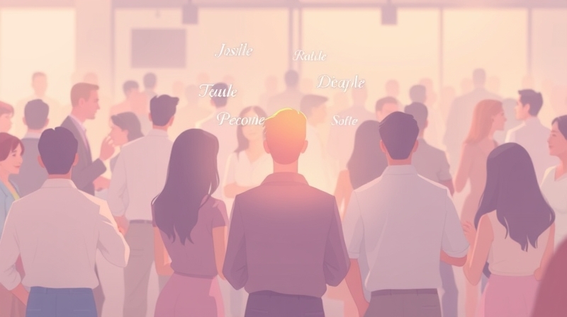 Pastelowa ilustracja: osoba wyróżnia się w tłumie, jej imię subtelnie się unosi.
