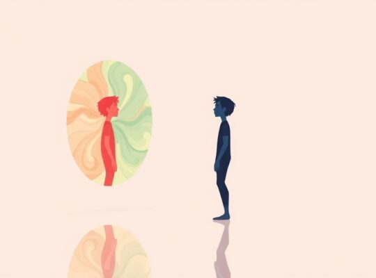 Sylwetka widzi swoje idealne i osłabione odbicie, symbolizujące kontrast społeczny.