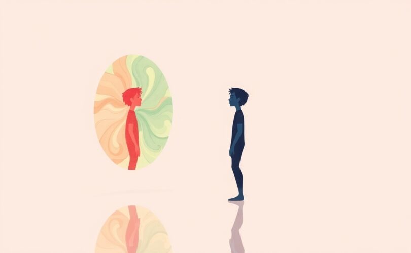 Sylwetka widzi swoje idealne i osłabione odbicie, symbolizujące kontrast społeczny.