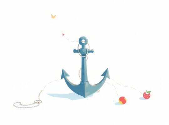 Symbol kotwicy z nićmi wpływa na abstrakcyjne, kolorowe kształty, subtelnie je modyfikując.