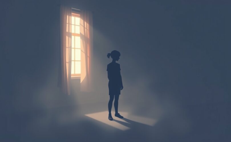 Samotna postać w półmroku, z cieńmi lęku, łagodnym światłem nadziei.