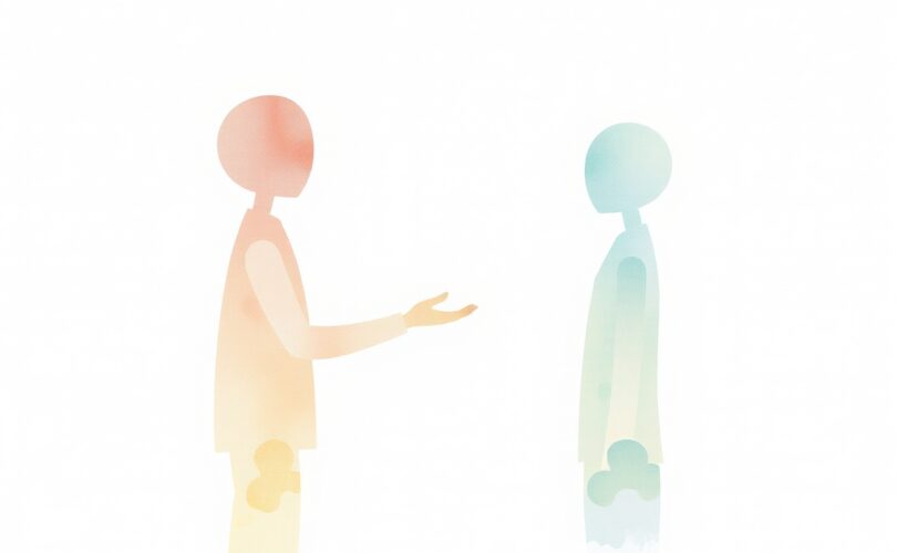 Delikatne akwarelowe postacie nawiązujące interakcję, symbolizujące pierwsze wrażenia.
