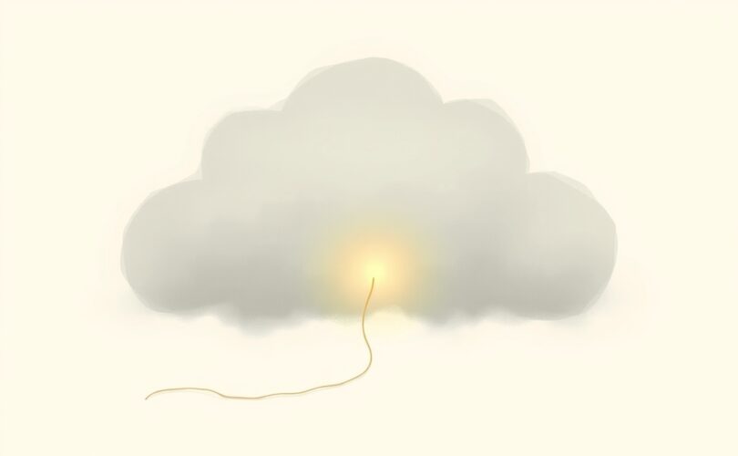 Jasny, pastelowy, subtelny wątek przykrywany przez milczącą, szarą chmurę.