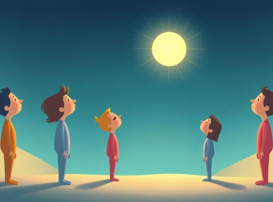 Stylizowane postacie przyciągane przez światło, odzwierciedlające nieświadomy wpływ grupy.