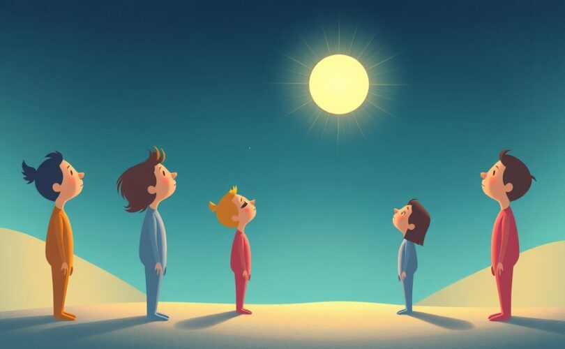 Stylizowane postacie przyciągane przez światło, odzwierciedlające nieświadomy wpływ grupy.