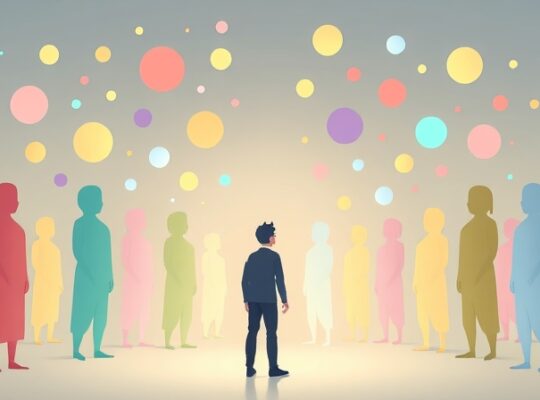 Postać otoczona łagodnie świecącymi, pastelowymi formami, symbolizującymi wpływ tłumu.