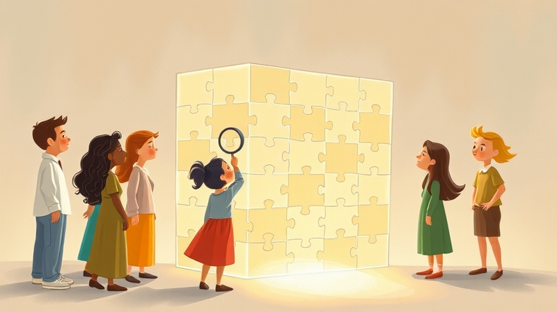 Stylizowani ludzie obserwują skomplikowaną strukturę z puzzli.