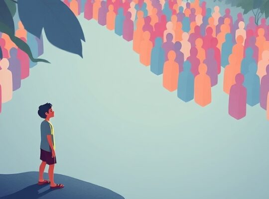 Osoba z lśniącym ziarnem patrzy na płynący tłum, symbolizując indywidualność w kolektywie.