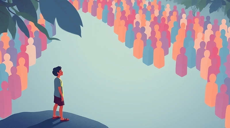 Osoba z lśniącym ziarnem patrzy na płynący tłum, symbolizując indywidualność w kolektywie.
