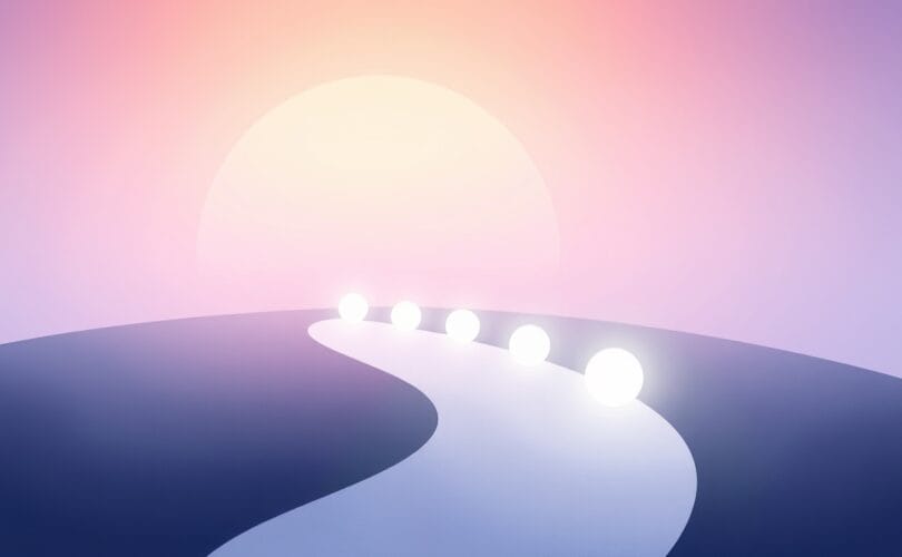 Ścieżka z pastelowymi kulami światła ilustrująca zapamiętywanie informacji.