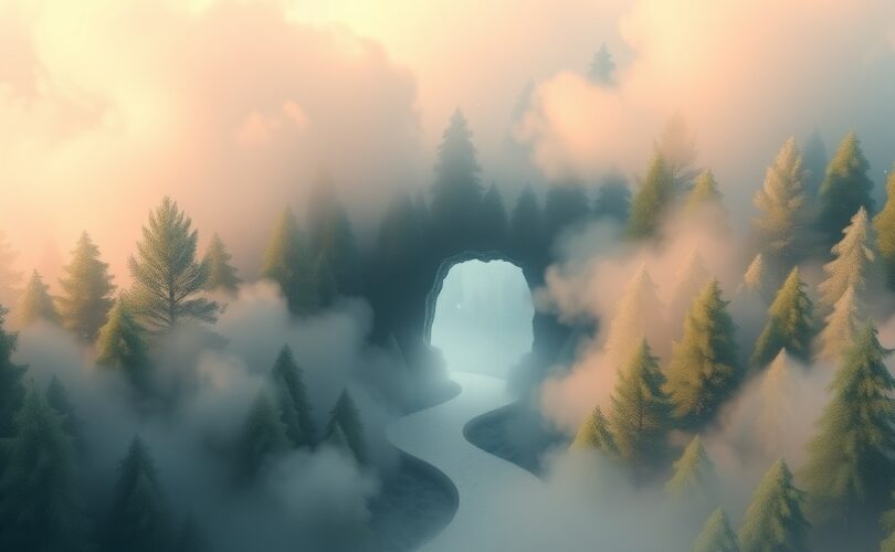 Mglista ścieżka w tęczowym lesie, symbol nadziei w pokonywaniu trudności.