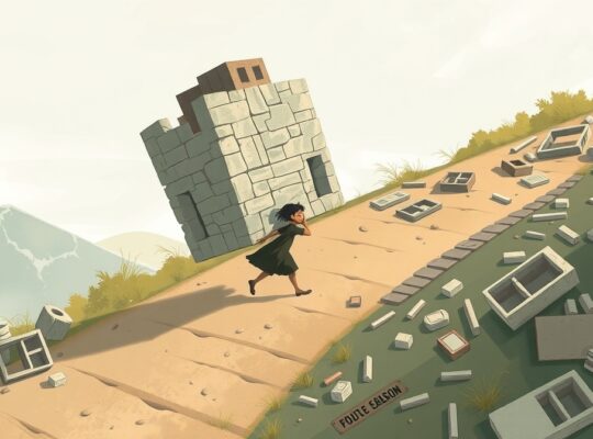 Postać pcha nieukończoną kamienną budowlę pod górę, w tle luźne materiały budowlane.