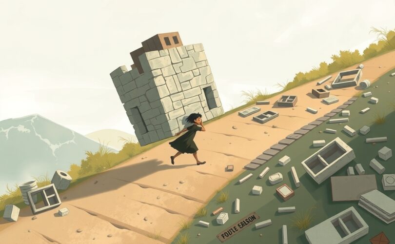 Postać pcha nieukończoną kamienną budowlę pod górę, w tle luźne materiały budowlane.