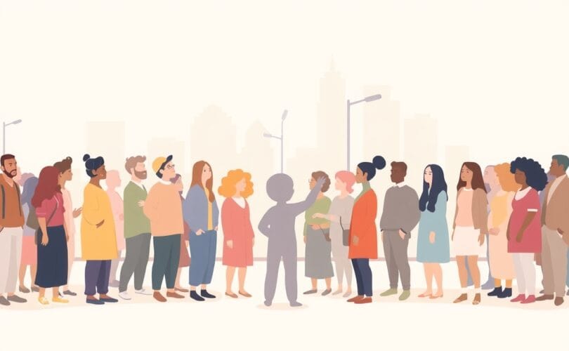 Ubezwładniona grupa osób czeka, podczas gdy jedna figura nieśmiało wyciąga rękę.