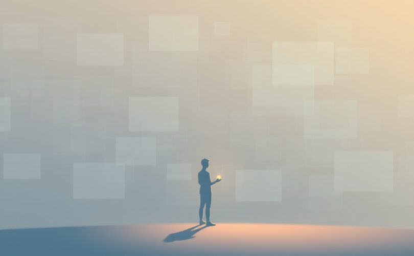 Jedna postać z kulą światła na tle rozmytych ekranów, symbolizująca efekt widza w mediach.