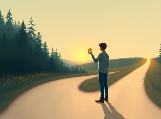 Figura na rozdrożu trzymająca monetę, wpatrzona w zarośniętą ścieżkę, symbolizująca efekt zaangażowania.