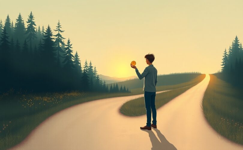 Figura na rozdrożu trzymająca monetę, wpatrzona w zarośniętą ścieżkę, symbolizująca efekt zaangażowania.