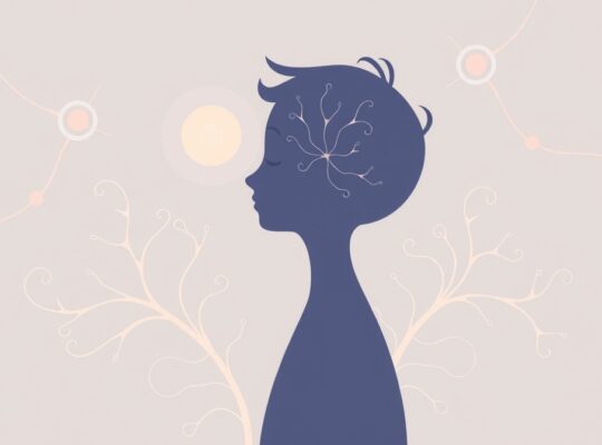 Stylizowana ilustracja: ludzka sylwetka, abstrakcyjne neurony i unosząca się kula świadomości.