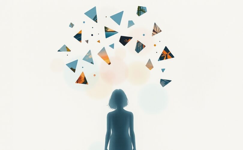 Rozbite szkło odbija zdeformowane wspomnienia wokół świetlistej sylwetki, w pastelowych barwach.