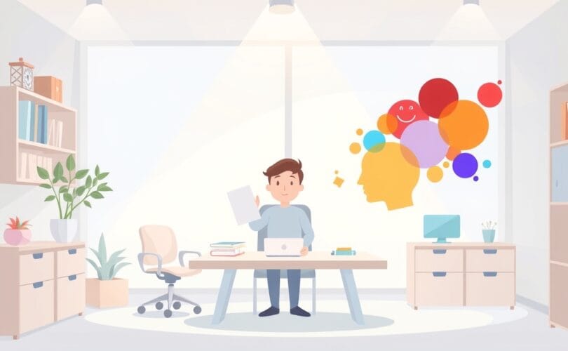 Ilustracja: pracownik subtelnie kieruje emocjonalną harmonią w biurze.