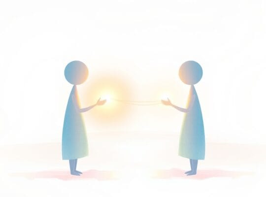 Ilustracja pastelowa symbolizująca empatię jako most zrozumienia między dwiemaświetlistymi postaciami ludzkimi.