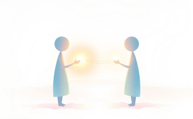 Ilustracja pastelowa symbolizująca empatię jako most zrozumienia między dwiemaświetlistymi postaciami ludzkimi.