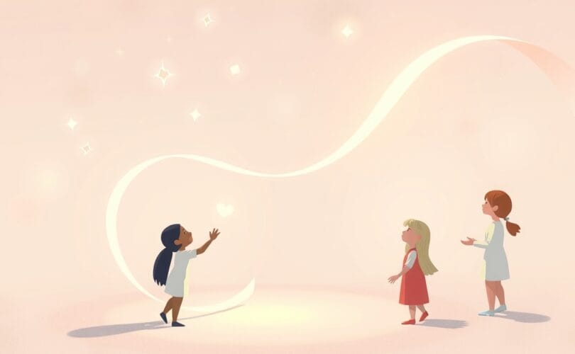 Abstrakcyjne postacie bawią się magnetycznymi wstęgami światła, symbolizującymi fascynację trendami w mediach społecznościowych.