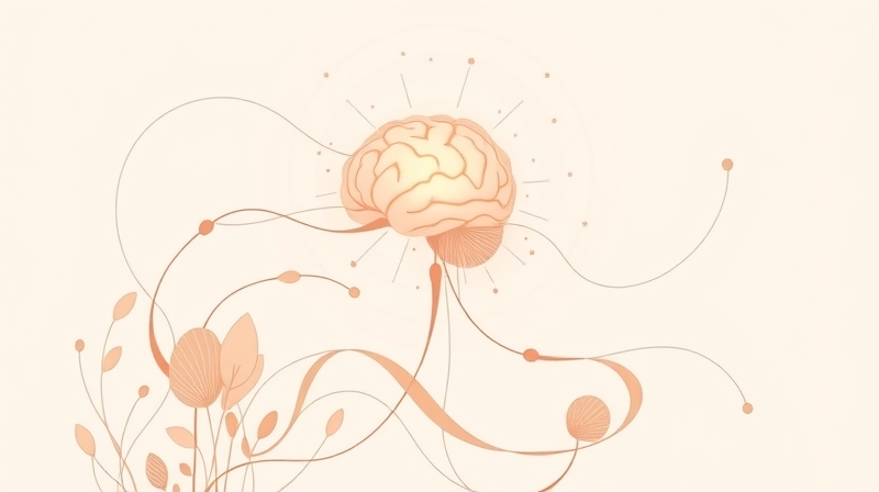 Łączące jelito i mózg delikatne linie z widocznymi neuroprzekaźnikami, symbolizujące ich powiązanie.