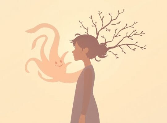 Stylizowana sylwetka wychodząca z lęku ku światłu, symbolizując przezwyciężanie.