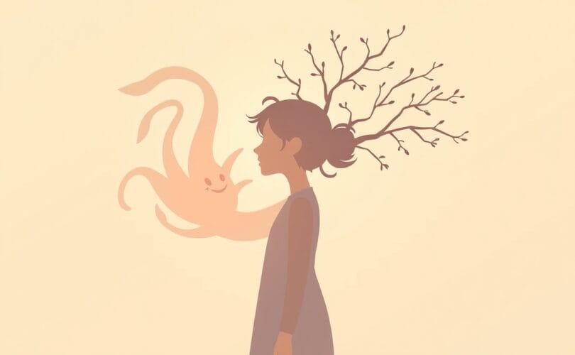 Stylizowana sylwetka wychodząca z lęku ku światłu, symbolizując przezwyciężanie.