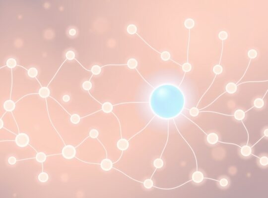 Abstrakcyjna sieć neuronowa w pastelach z niebieskim akcentem symbolizującym GABA i jego działanie hamujące.