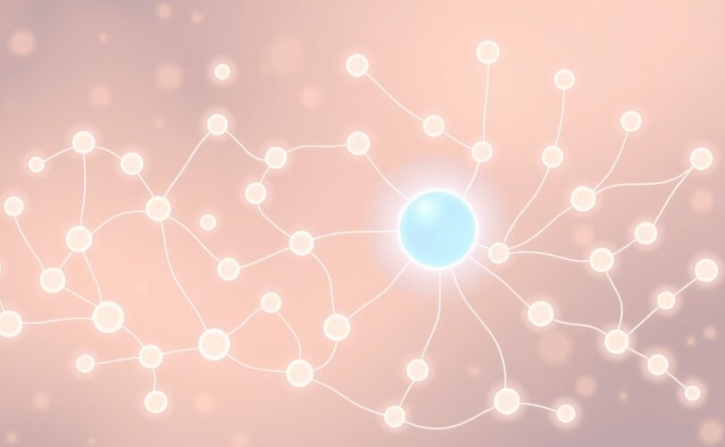 Abstrakcyjna sieć neuronowa w pastelach z niebieskim akcentem symbolizującym GABA i jego działanie hamujące.