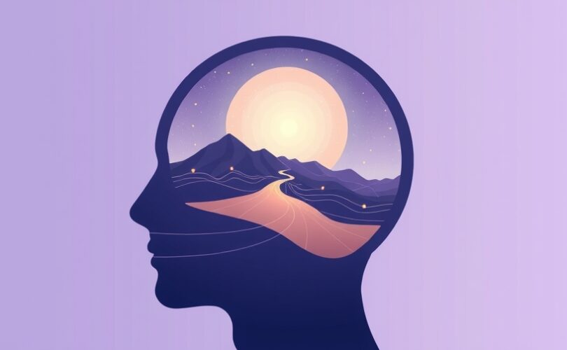 Abstrakcyjna ilustracja mózgu, symbolizująca głęboki sen, porządkowanie wspomnień i regenerację.