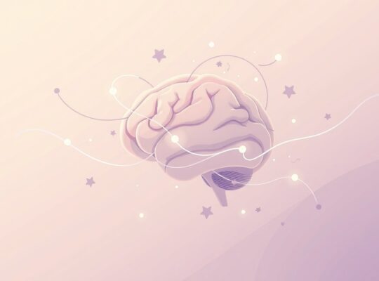 Abstrakcyjny mózg w pastelach, otoczony delikatnie świecącymi cząsteczkami glicyny.