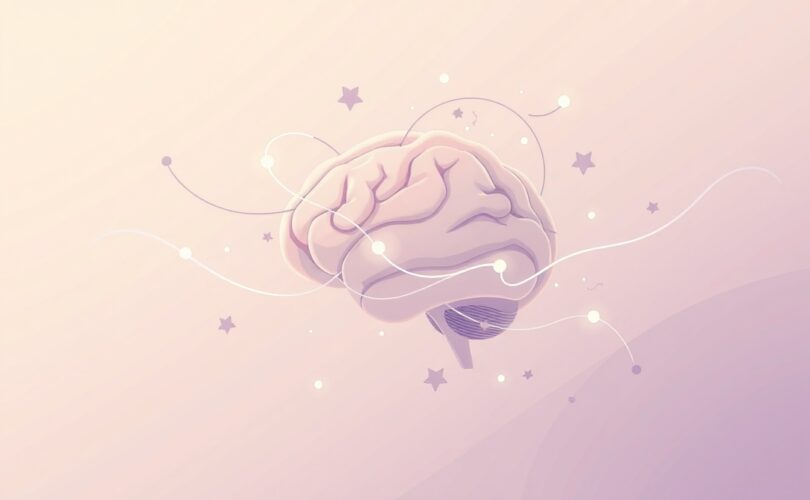 Abstrakcyjny mózg w pastelach, otoczony delikatnie świecącymi cząsteczkami glicyny.