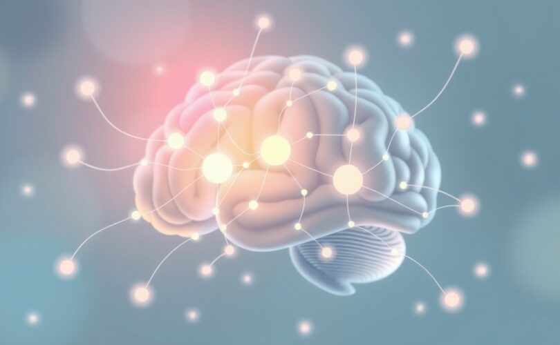 Pastelowa ilustracja mózgu z podświetlonym glutaminianem, symbolizującym inteligentne uczenie się.