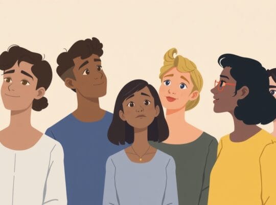 Różnorodna grupa subtelnie połączona nicią niezgody, eksploruje światło, promując niezależne myślenie.