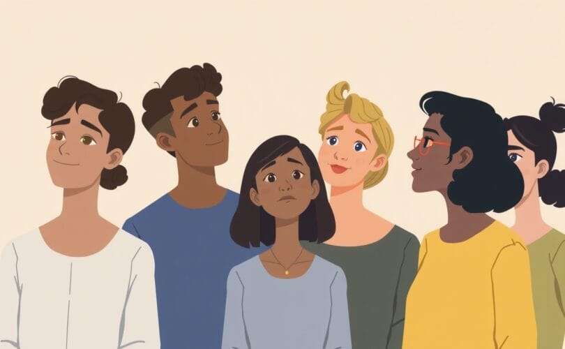 Różnorodna grupa subtelnie połączona nicią niezgody, eksploruje światło, promując niezależne myślenie.