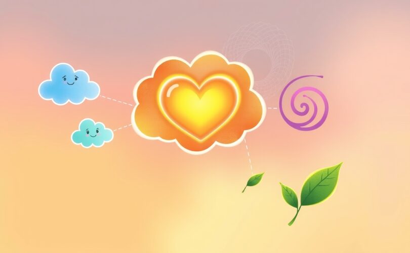 Bajkowa myśl, serce i emocje w pastelach, ilustrujące wpływ uczuć na myślenie.